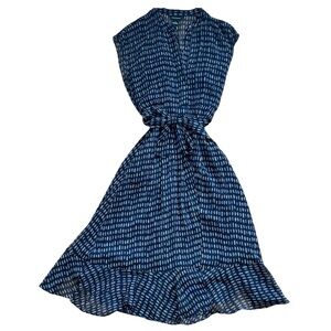 Club Monaco 100% Silk Ruffle Hem Dress in Navy Blue Dash Print - Size 2